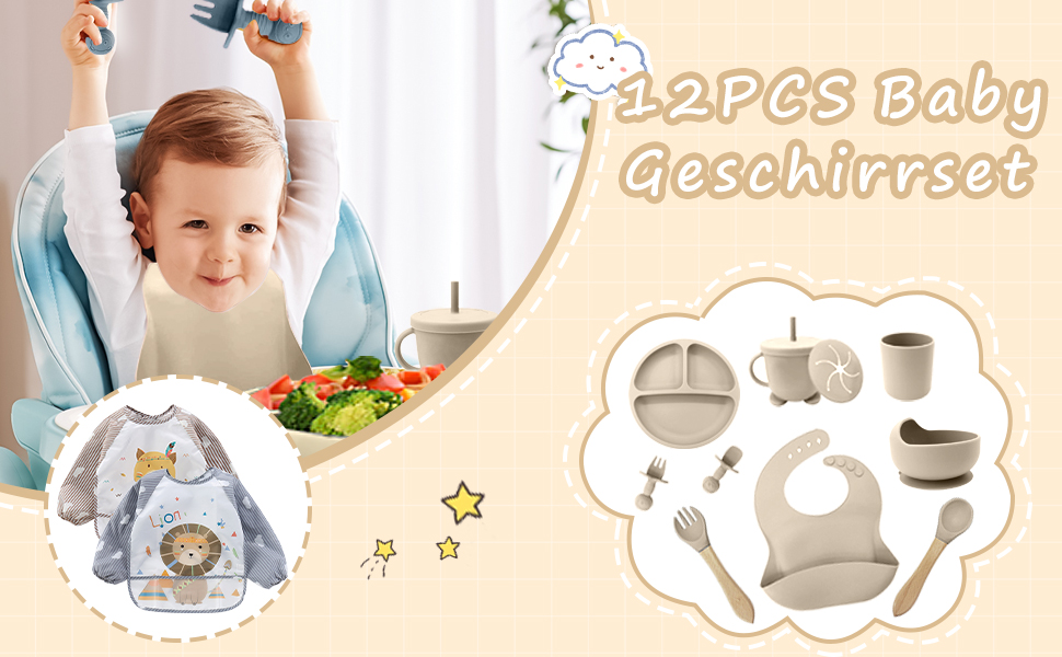 12-piece baby dinnerware set including plates, cups, and utensils in neutral colors. Image shows a baby in a high chair and product layout.