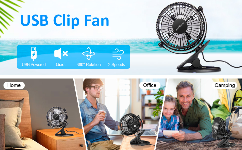 KEYNICE USB Fan, Clip on Fan with 2 Speeds, 360° Rotation Desk Fan with