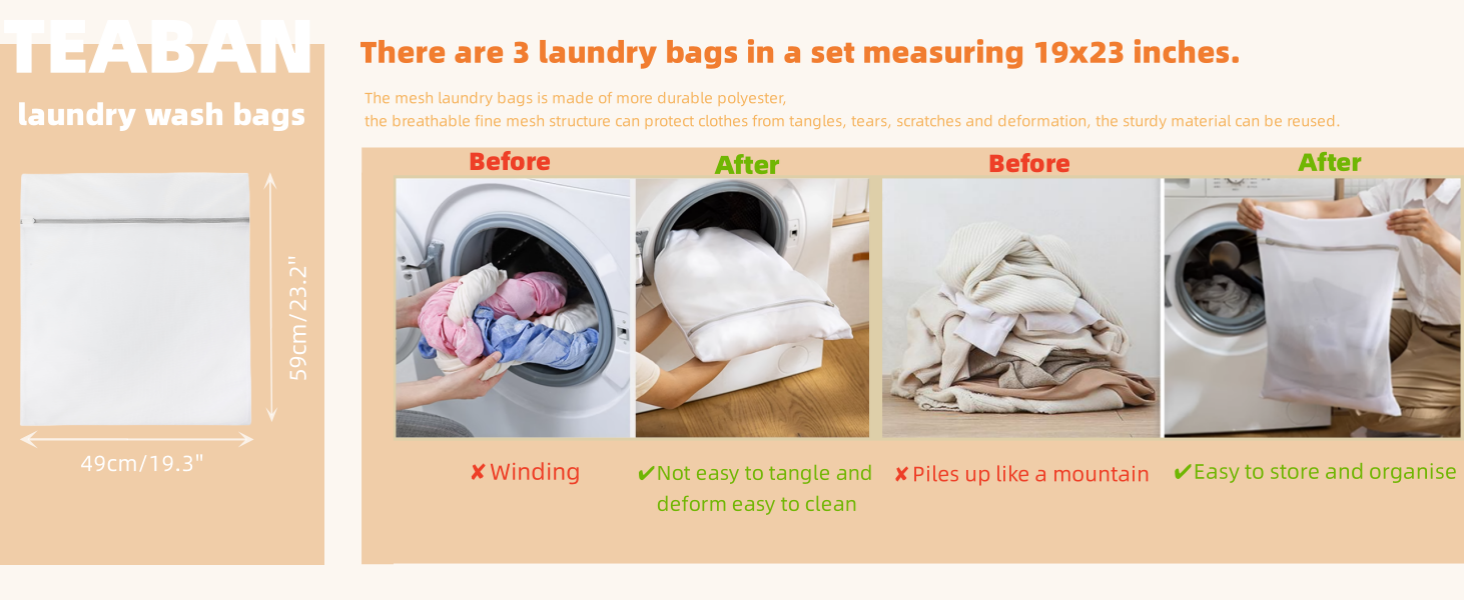 TEABAN 3Pcs Extra Large Mesh Laundry Bags Foldable