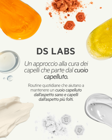 Il testo recita «DS LABS», «Un approccio alla cura dei capelli che parte dal cuoio capelluto», «Routine quotidiane che aiutano a mantenere un cuoio capelluto dall'aspetto più foth». Immagine astratta con elementi circolari arancioni, gialli e bianchi.
