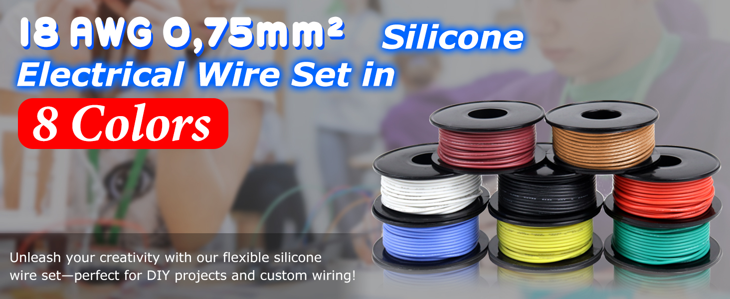Set of 18 AWG 0.75mm² silicone electrical wire spools in 8 colors: red, orange, white, black, blue, yellow, green, and brown. Advertised as flexible for DIY projects.