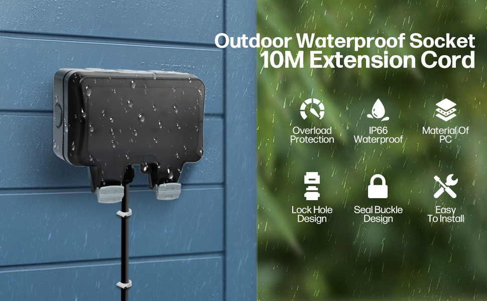 Outdoor Socket with 10m Extension Lead, Outdoor Double Socket