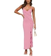 GRMLRPT Women's Sexy V Neck Maxi Dress Backless Bodycon Spaghetti Strap Mesh Ruffle High Slit Coc...