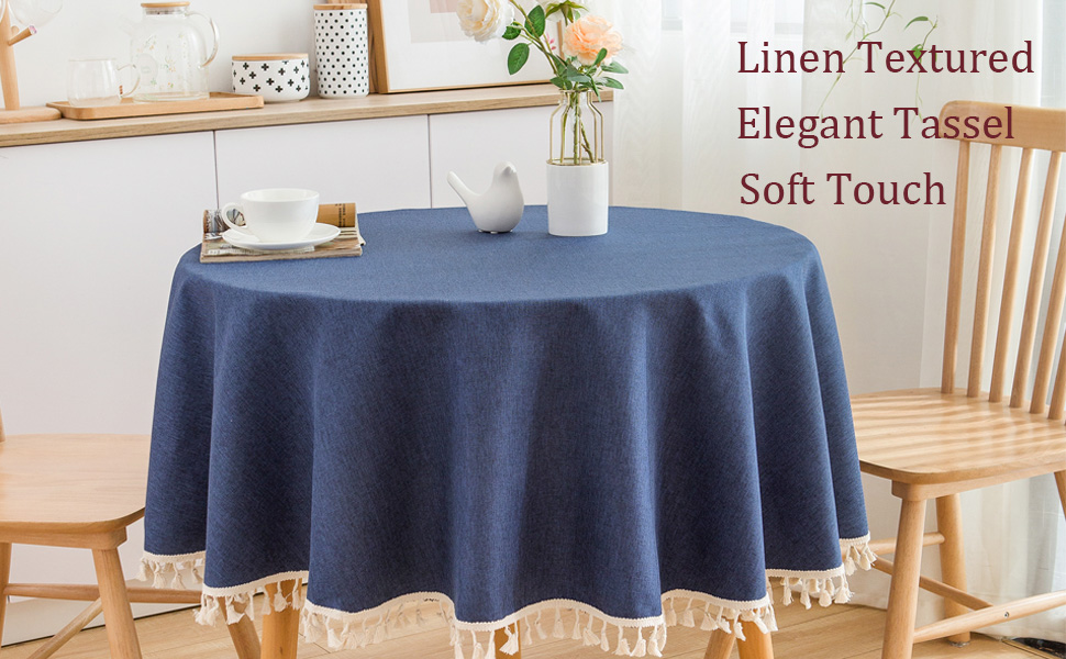 Seyilei Navy Blue Tablecloth Decorative Linen Round