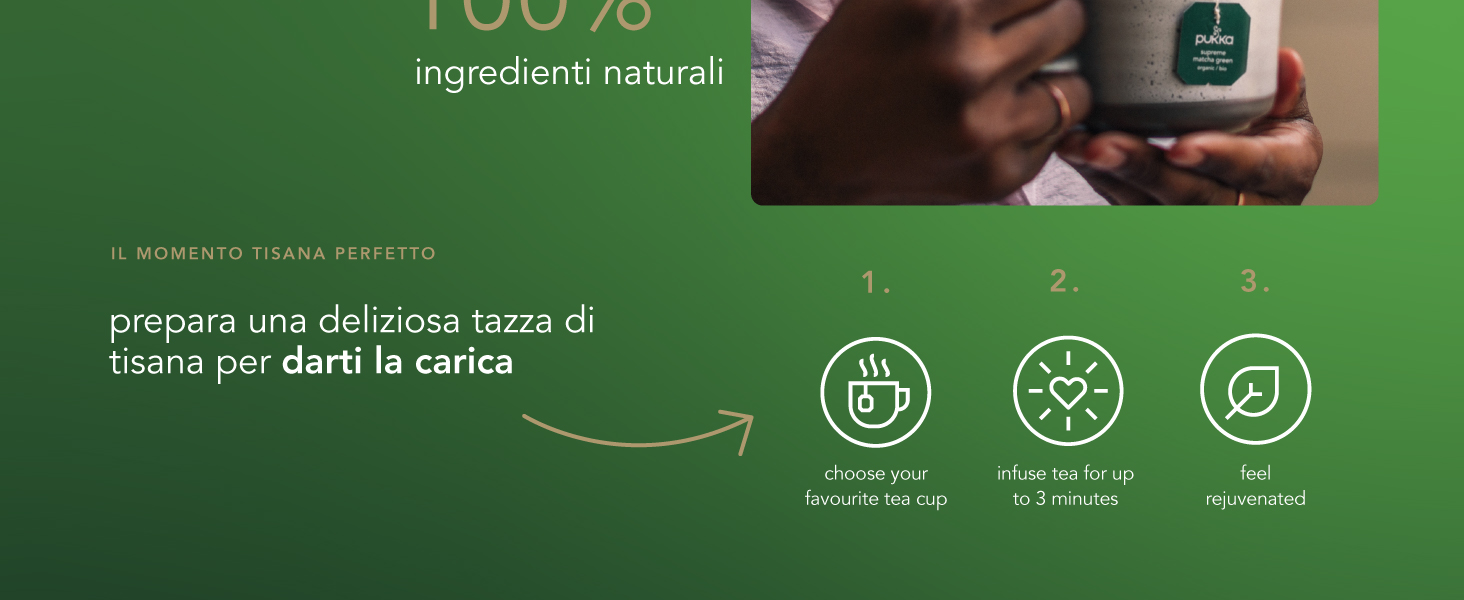 Il testo recita «100% ingredienti naturali» e «prepara una deliziosa tazza di tisana per darti la carica». Banner promozionale verde con tre icone circolari che mostrano i vantaggi del prodotto e le mani che reggono un contenitore per bevande.