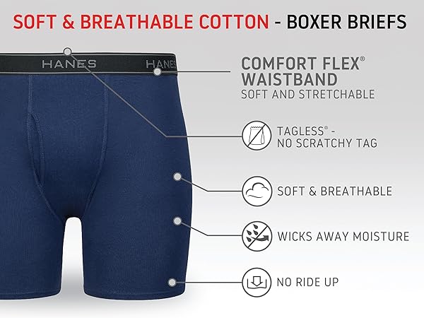 soft breathable Hanes boxer briefs tagless wicks moisture no ride up