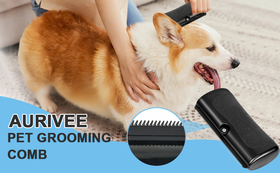 El texto dice: «AURIVEE PET GROOMING PEB». Se utiliza una herramienta de aseo negra en el pelaje de un perro corgi. El dispositivo parece ser un peine eléctrico para el aseo de mascotas.