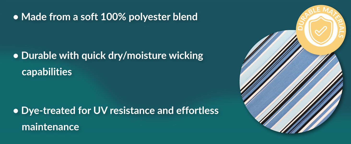 100% polyester blend durable with quick dry moisture wicking capabilities dye treated uv resistant