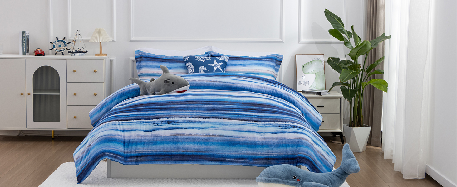 Holawakaka Beach Stripe Bedding Sets 6 Pieces, Blue Coastal
