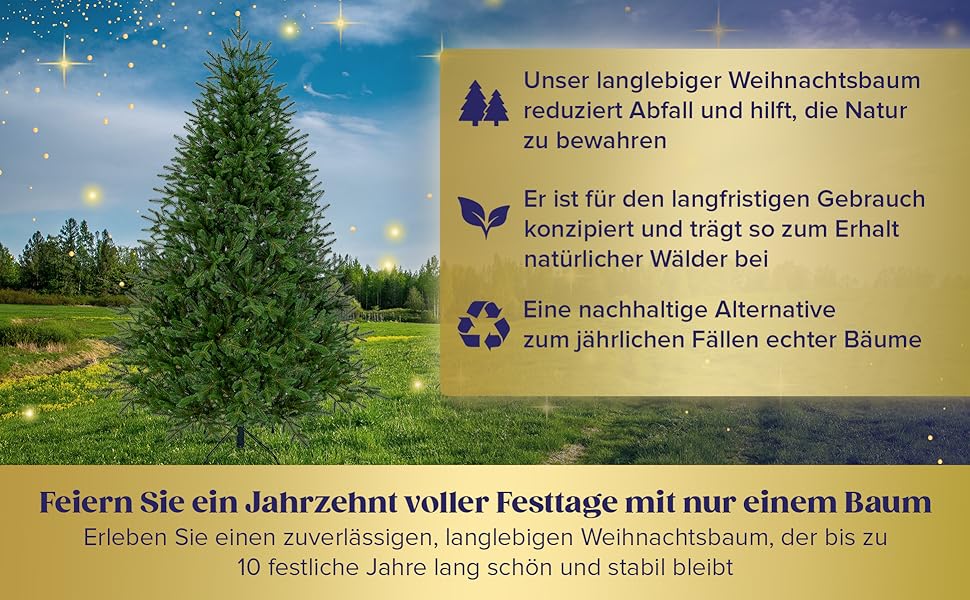 Text auf Deutsch über die nachhaltige Nutzung von Weihnachtsbäumen. Grüner Weihnachtsbaum vor blauem Himmel mit drei informativen Aufzählungspunkten und einer festlichen Botschaft darunter.