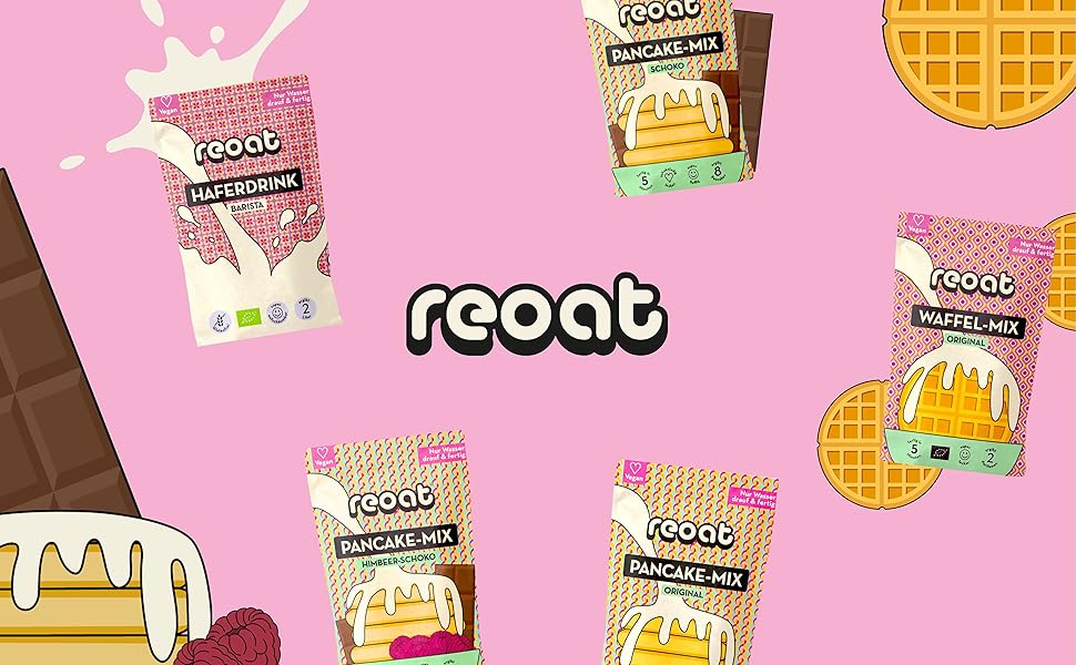 reoat Logo und Sortiment mit animierten Waffeln und Pancakes im Hintergrund.
