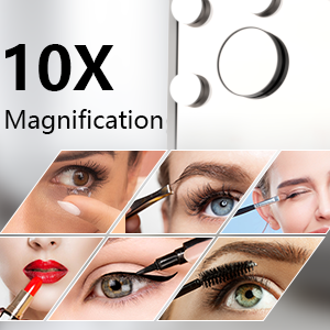 Text reads '10X Magnification'. Split image showing close-up beauty shots featuring eye, lip, and skin details arranged in diagonal sections.