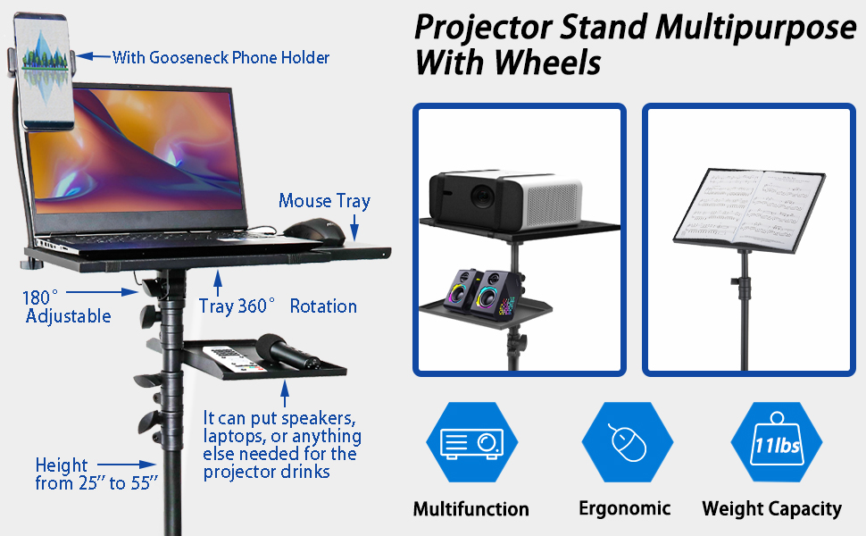 Projector Stand Tripod Adjustable Height, on Wheels