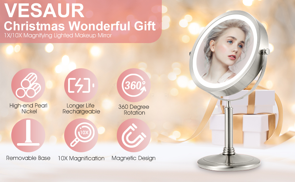VESAUR 8” Lighted Makeup Mirror, 1X/10X Magnifying Vanity