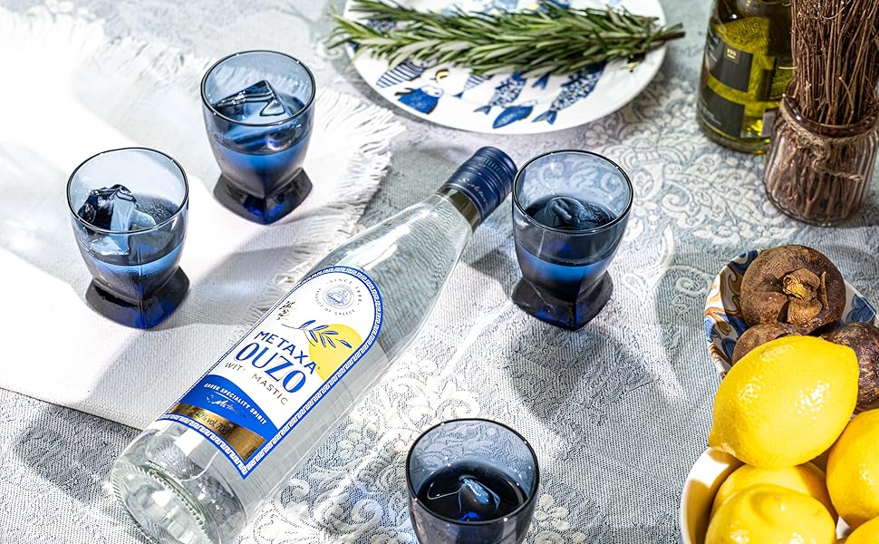 Ouzo, Raki, Arak and Pastis Sipping Glasses Set of 4 4.7 oz Mediterranean Blue Small