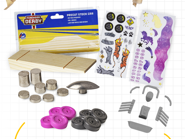 Pinewood Derby Kit Accesories decals, weight. wheels