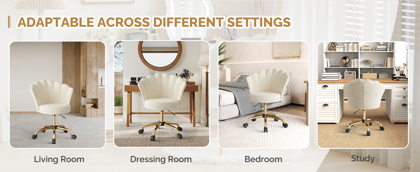 Text reads: 'ADAPTABLE ACROSS DIFFERENT SETTINGS'. Four interior room scenes showing Living Room, Dressing Room, Bathroom, and Bedroom layouts.