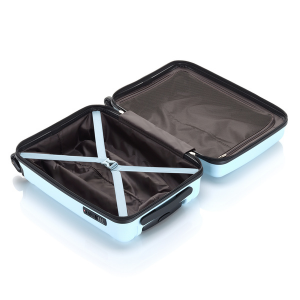 Tripp New World Ice Blue Open Suitcase, Left Side Packing Straps, Right Side Divider