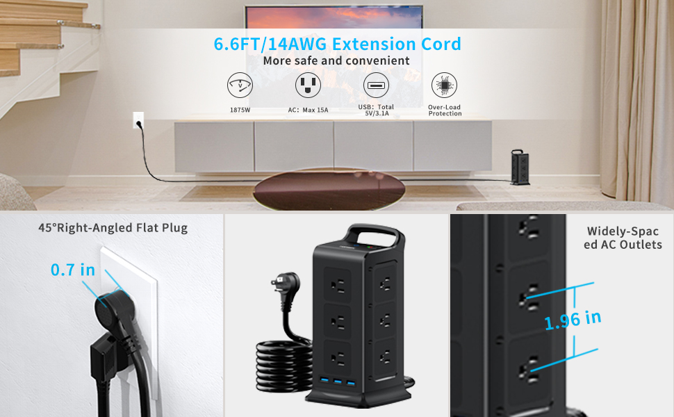 Tower Power Bar with Surge Protector, 6.6 FT/14AWG Extension Cord, TOPREK ETL Certificated Power