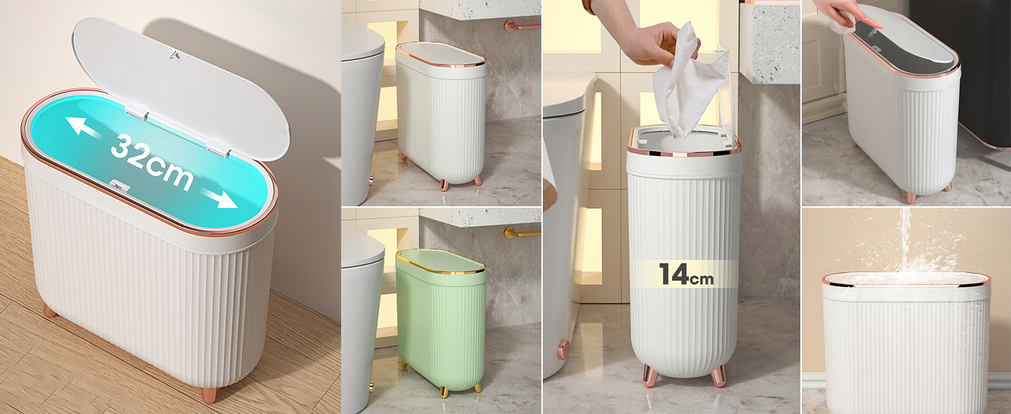 Bathroom Trash Can with Lid, 12 Liter Slim Rubbish Bin Wastebasket