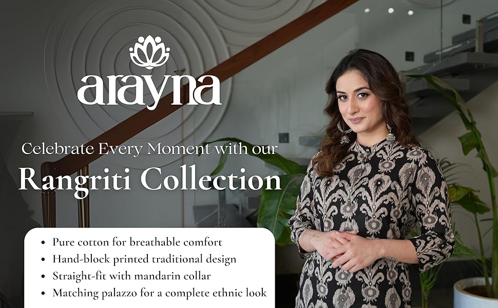 Arayna Women's Pure Cotton Block Printed Ethnic Wear Kurta Set with Palazzo Pants