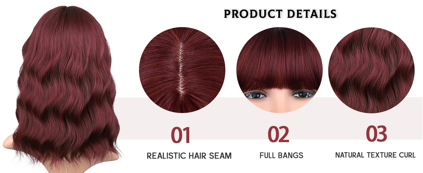 MINLEE Red Wig with Bangs for Women 14 Inch Short Bob Wavy