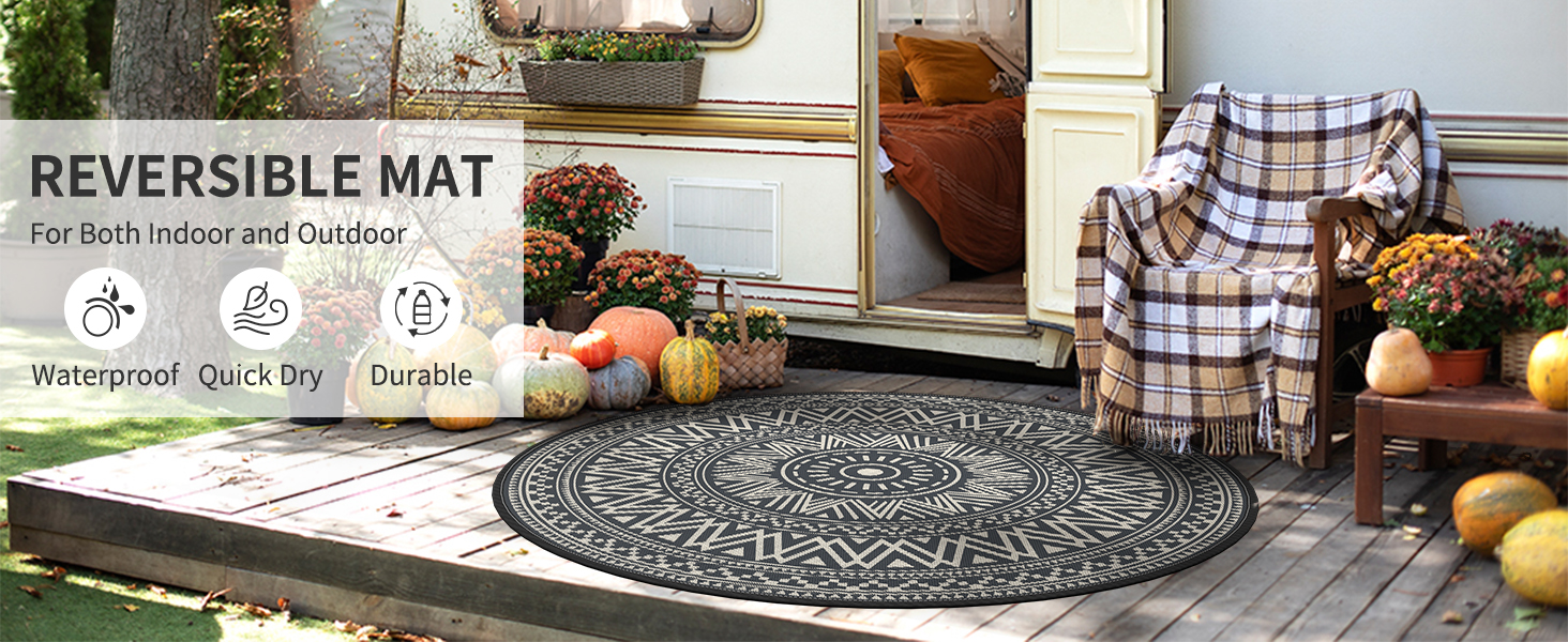 Outdoor Rug Waterproof 6FT Boho Round Outdoor Carpet Portable RV