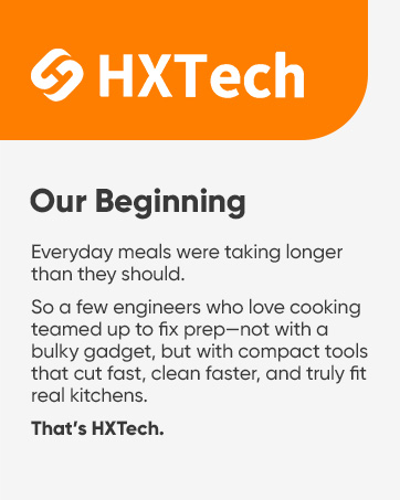 HXTech brand story image titled “Our Beginning,” showing logo and startup story text.