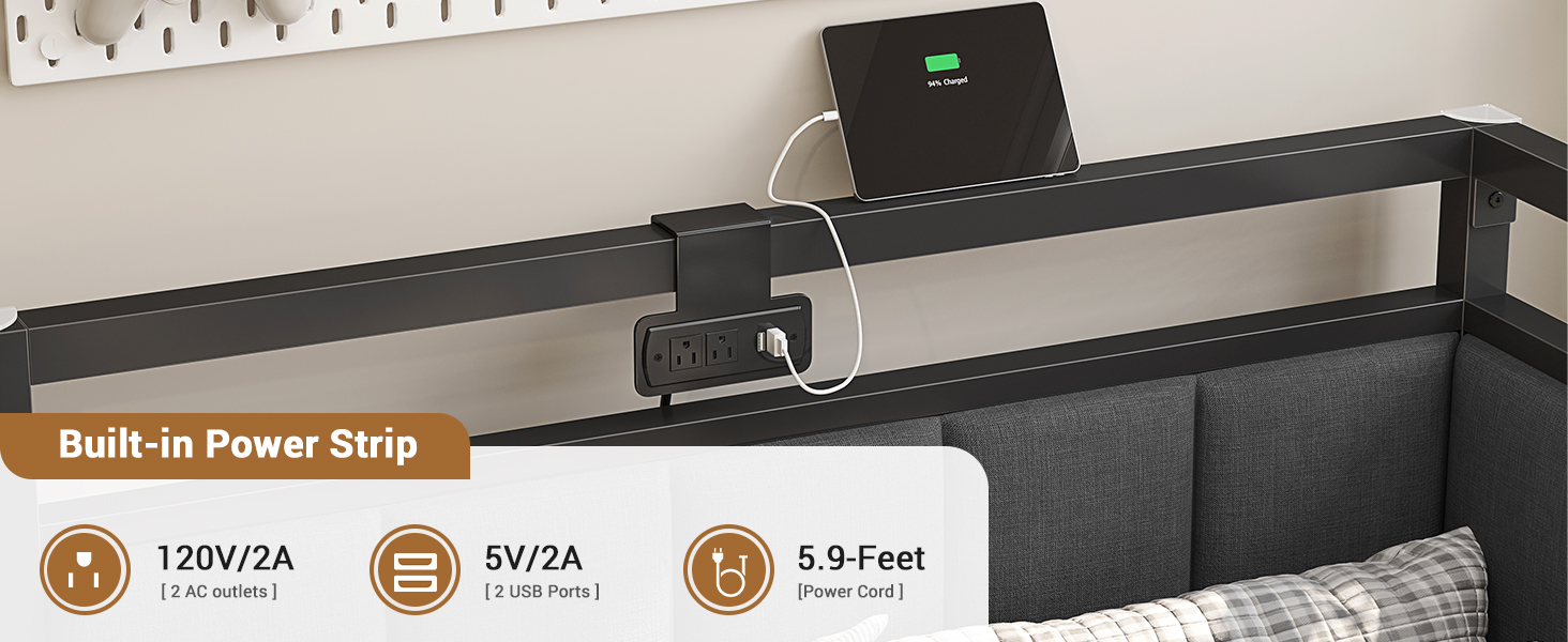 Corner Bed Frame Twin Size with LED Lights and Charging Station