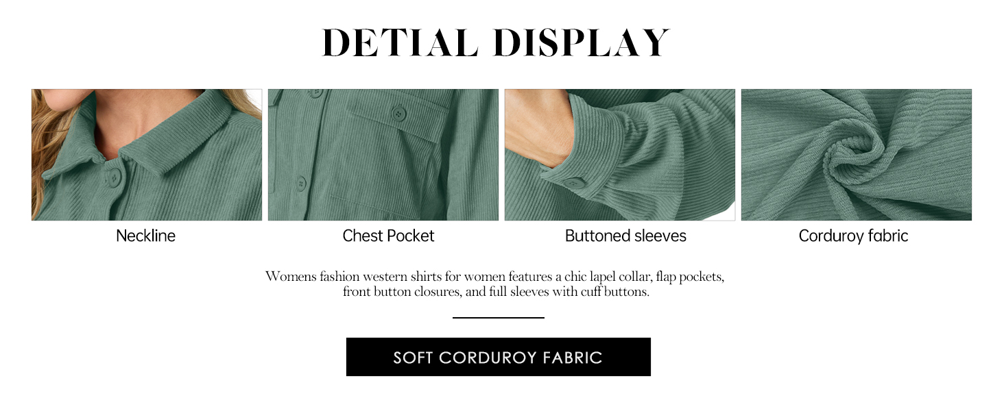 Close-up fabric detail views showing green textured material with different aspects: neckline, construction, sleeves, and fabric drape.