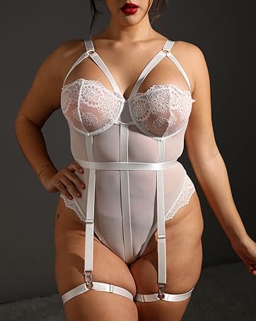 Women's Plus Size Ring Linked Cut Out Sheer Mesh Teddy Bodysuit Garter Lingerie Set