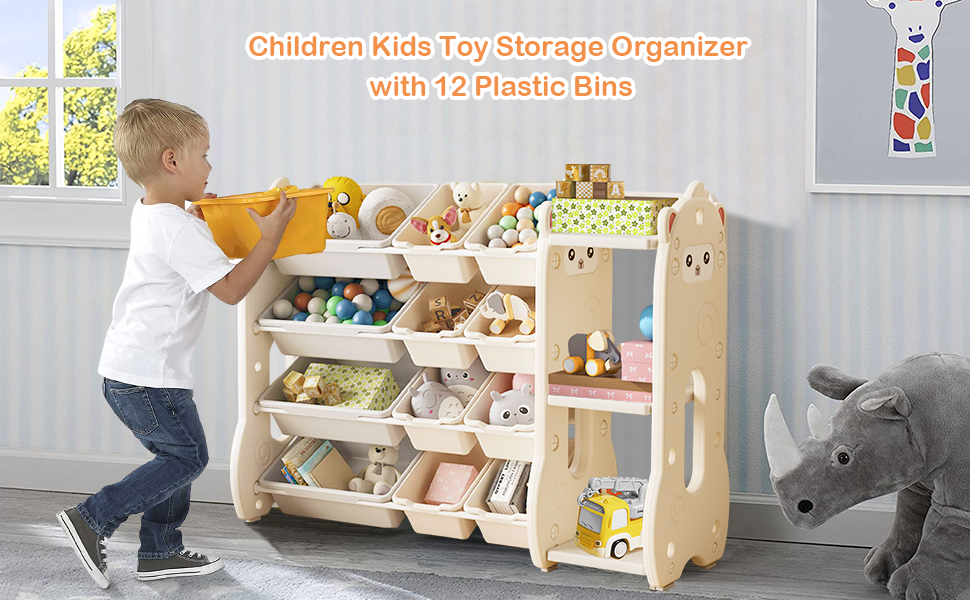 Kids Bookshelf with Toy Organizers and Storage, MultiPurpose 4Tier