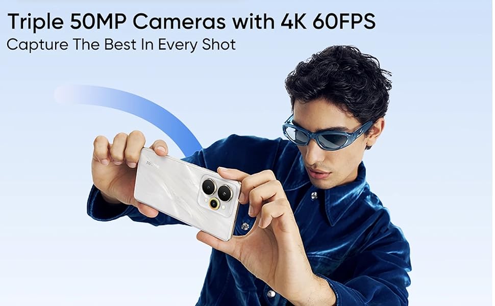 man holding smartphone horizontal camera triple lenses 4K 60FPS text blue gradient background