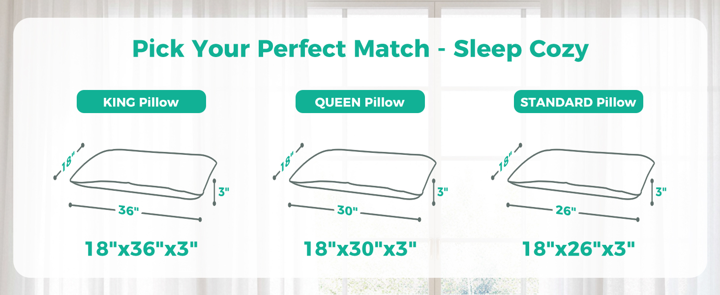 standard size pillow:  18" x 26", queen size pillow:  18" x 30", king size pillow:  18" x 36"