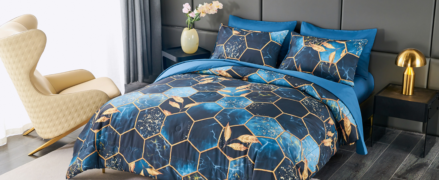 ZRNBAST 7 Pieces Royal Blue Comforter Set Queen