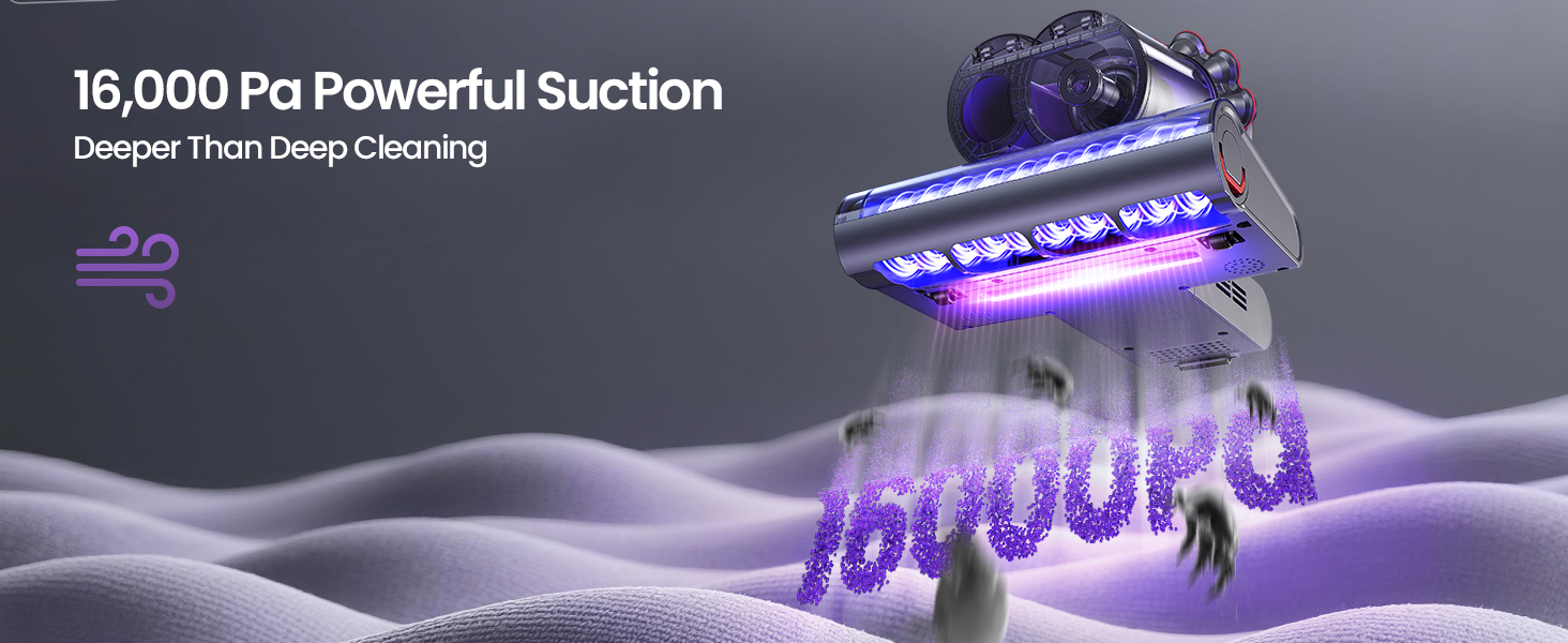16,000 Pa suction removes 99% of dust for healthier sleep!