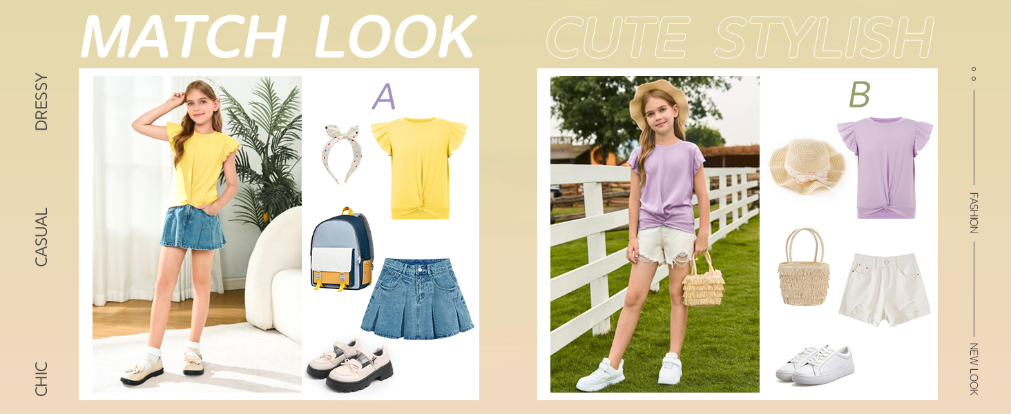 Girls T Shirts Ruffle Sleeve Twist Front Tshirts