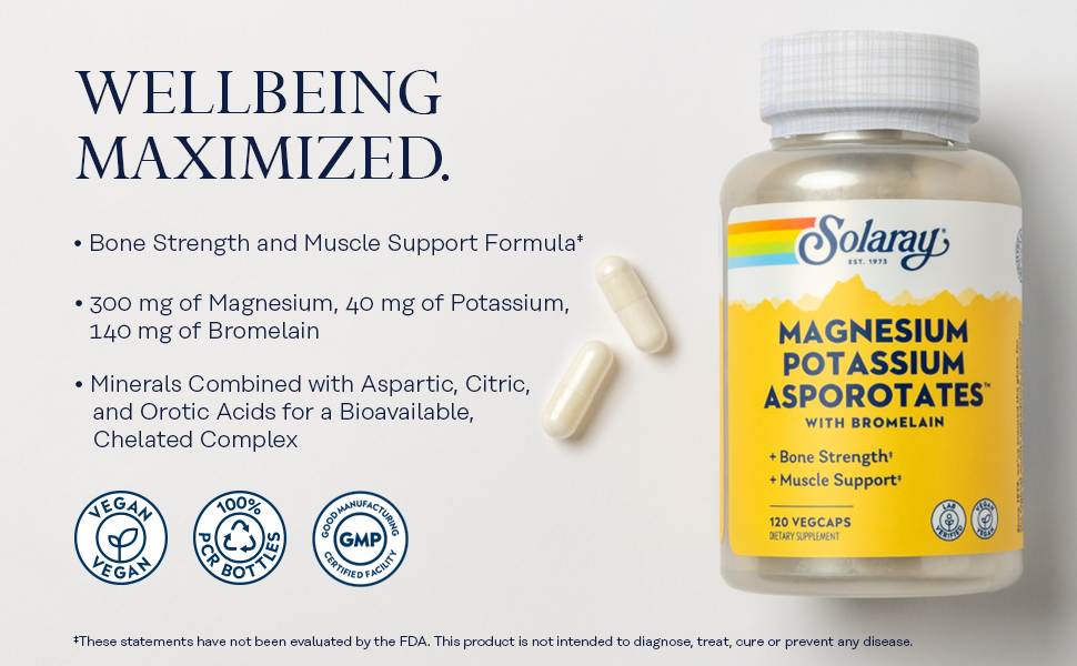 Solaray Magnesium and Potassium Asporotates Bromelain Electrolyte Muscle Heart 60 Serv 120 VegCaps