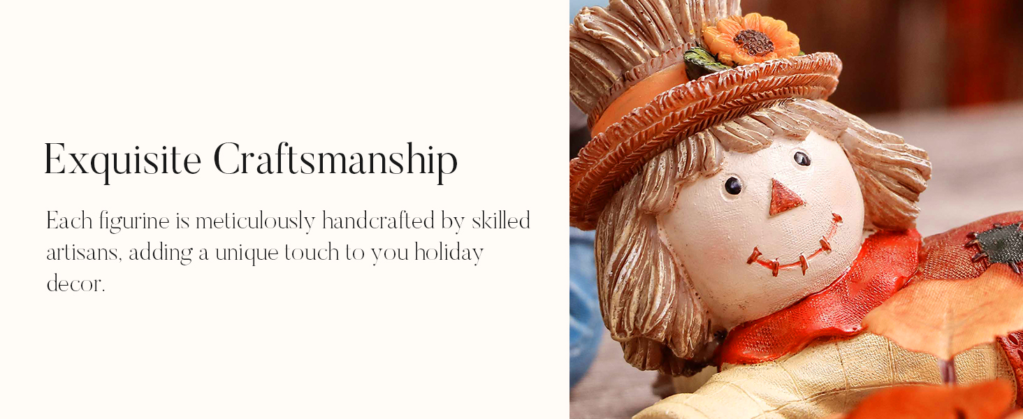 Close-up of a decorative scarecrow figurine with a smiling face, straw hair, and an orange hat. The figure appears to be part of autumn-themed decor.