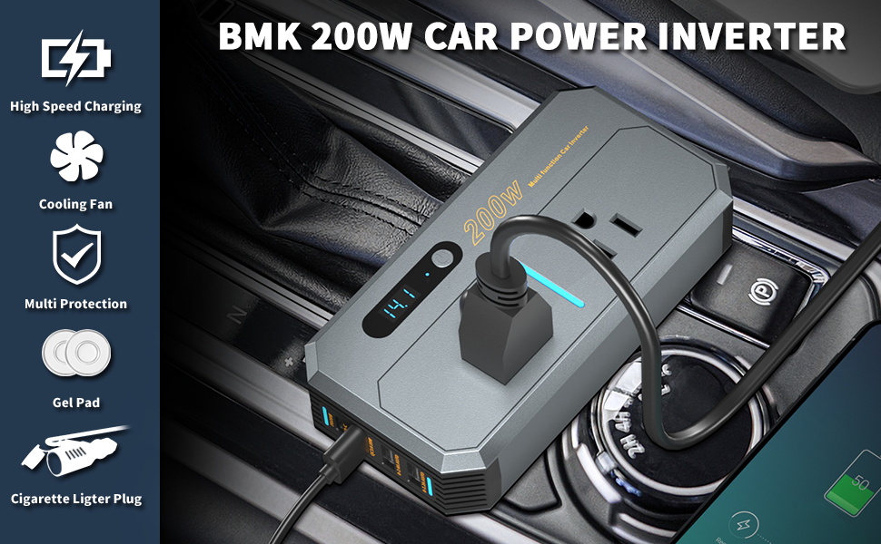 BMK 200W Car Inverter DC 12V to 110V AC Power Inverters for Vehicles