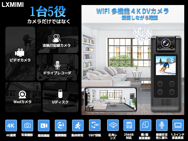 Amazon.co.jp: LXMIMI 4K 小型カメラ ボディカメラ WiFi スマホ