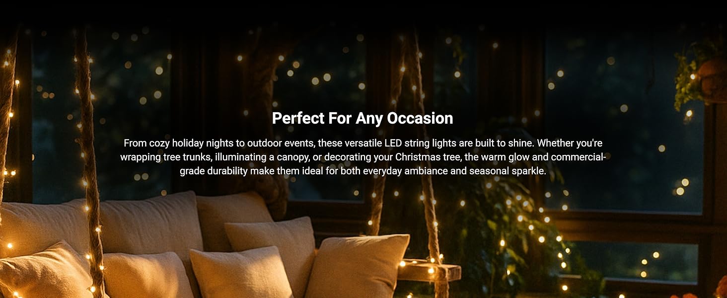 50 foot LED Christmas light string with warm white 5mm bulbs and durable brown wiring