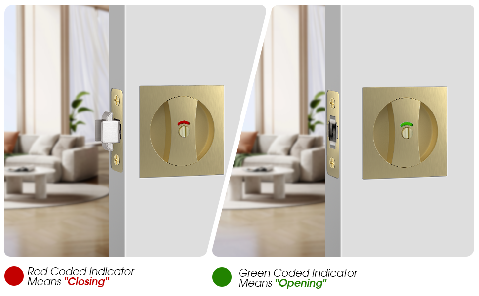 Gold Square pocket door lock locks latch latches hardware handle handles pull pulls color Indicator