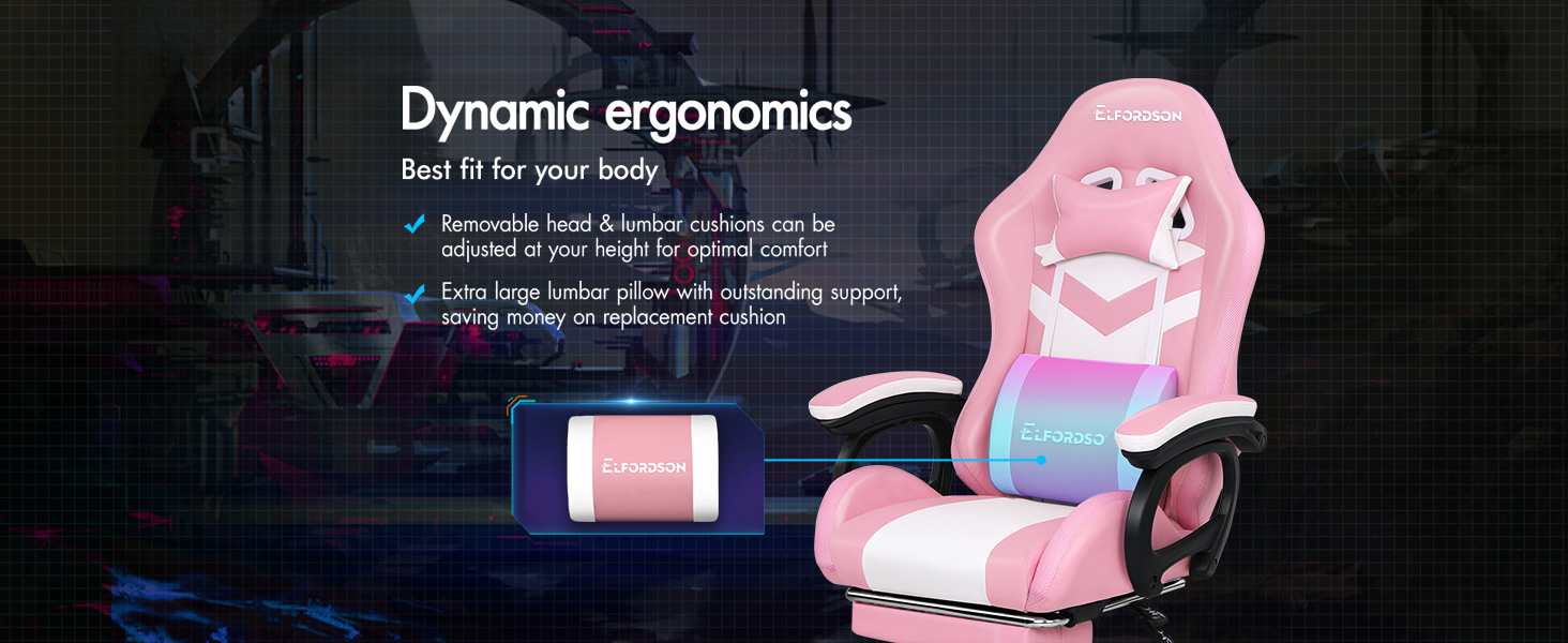 ELFORDSON Gaming Chair With RGB LED Light 8-Point Massage, Pink & White 13 3-2