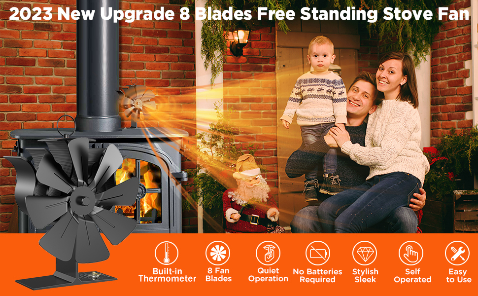 Marstey Upgrade 8Blades Log Burner Fan, Builtin Base Thermometer