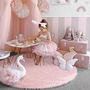 Pink Round Rug for Girls Bedroom,Fluffy Circle Rug 4'X4' for Kids Room,Furry Carpet for Teen Girls Room,Shaggy Circular Rug for Nursery Room,Fuzzy Plush Rug for Dorm,Cute Room Decor for Baby 11 Teepe cushion