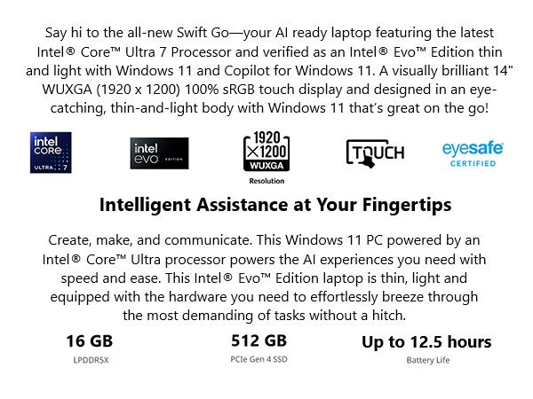 Acer Swift Go; laptop; Twinair; purifiedview; intel 14th gen; Ultra; AI; intel evo laptop; 16:10