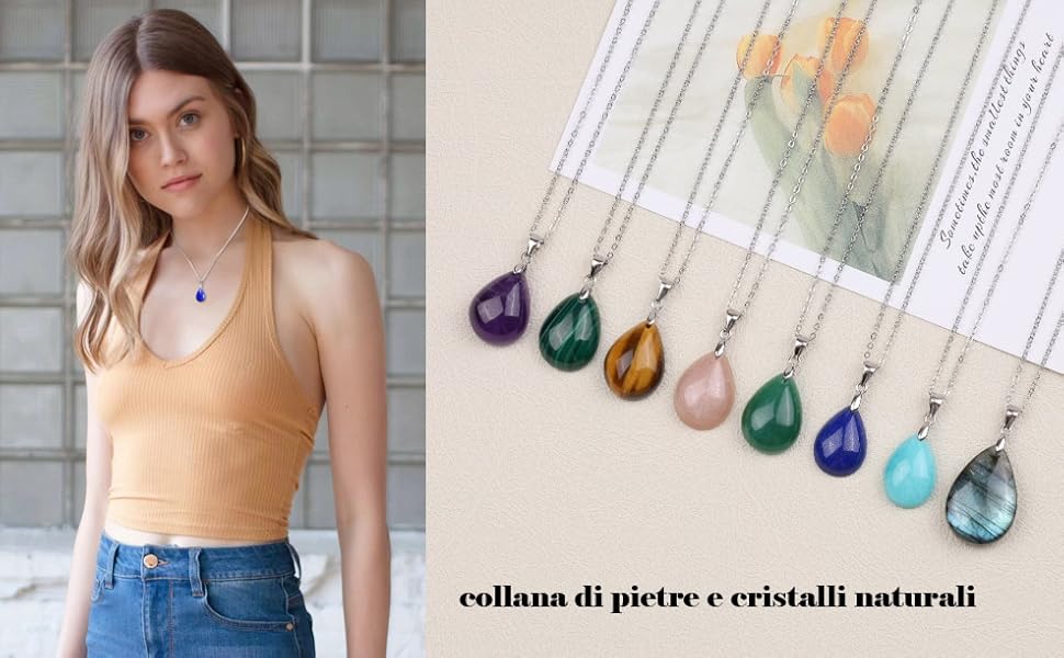 collana con ciondolo goccia d'acqua di pietre e cristalli