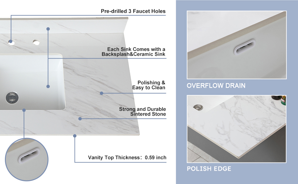 31"x 22" Engineered Marble Stone Bathroom Vanity Sink Top with