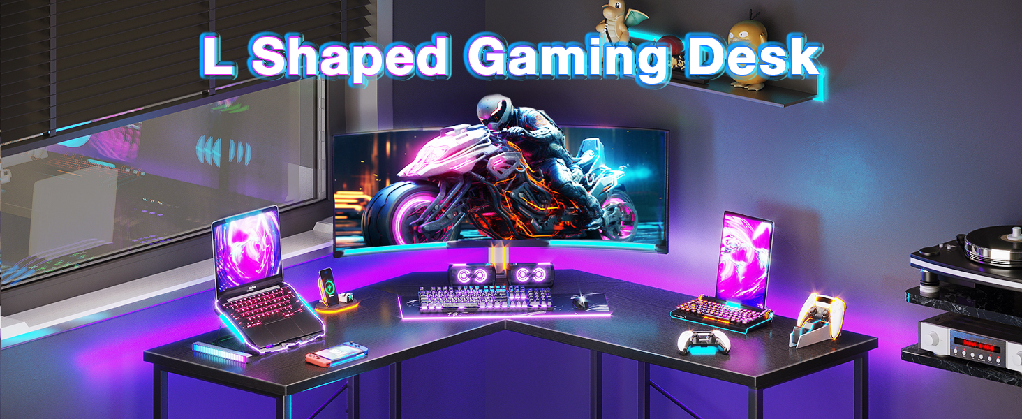 Casaottima L shaped gaming desk, fit in bedroom, living room, office, small space, dormitory
